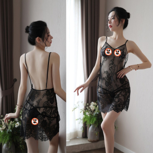 女士情趣内衣蕾丝透视露背吊带连衣裙女式情趣睡衣睡裙破洞开档免脱丁字内裤套装学生性感全透明诱惑薄款露毛长夜漫漫成人女性用品