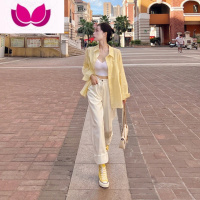 七斓2023早春新款女装盐系高级感休闲时尚减龄黄色衬衫阔腿裤套装