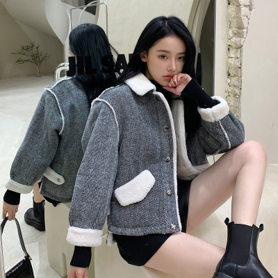 [3件8.5折144.4元,叠加优惠券]唐狮冬新款外套女毛呢外套格纹仿羊羔绒网红风in潮韩版学生