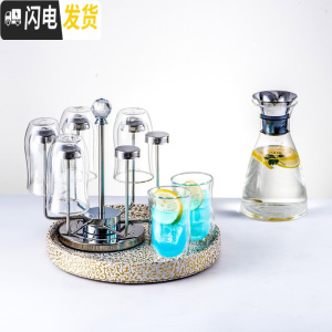 三维工匠家用冷水壶耐热防爆玻璃杯子套装凉水杯水具北欧创意茶具 菲拉斯+6渴望杯+圆盘金色+旋转杯架