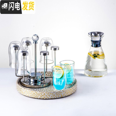 三维工匠家用冷水壶耐热防爆玻璃杯子套装凉水杯水具北欧创意茶具 菲拉斯+6渴望杯+圆盘金色+旋转杯架