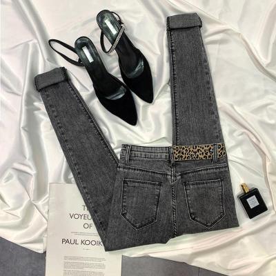 2021新款斜纹烟灰色牛仔裤女高腰显瘦九分紧身小脚裤女豹纹娜蜜雨(NAMIYU)