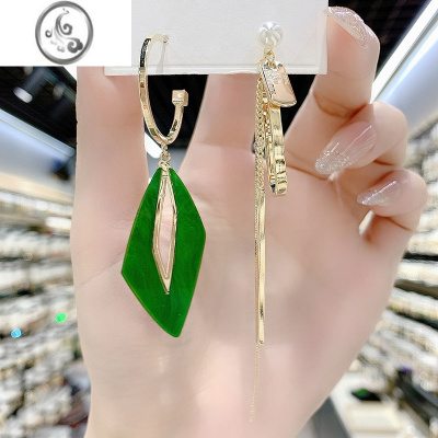 JiMi绿色独特耳钉特别设计感2023年新款潮洋气耳环不对称几何耳饰小众