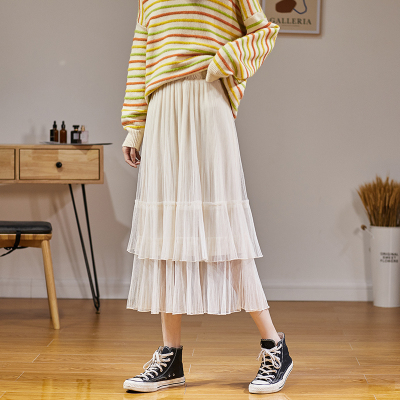 [3件8.5折59.4元,叠加优惠券]唐狮春夏新款半身裙女中长款韩版仙女裙高腰网纱蛋糕裙百褶裙