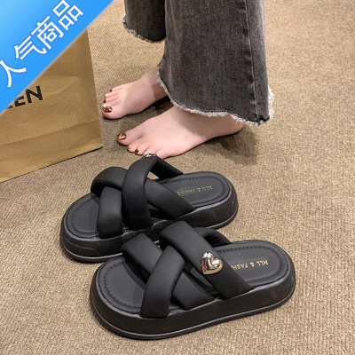 SUNTEK时尚凉拖鞋2023年夏季新款网红面包交叉拖鞋松糕厚底沙滩鞋凉鞋女