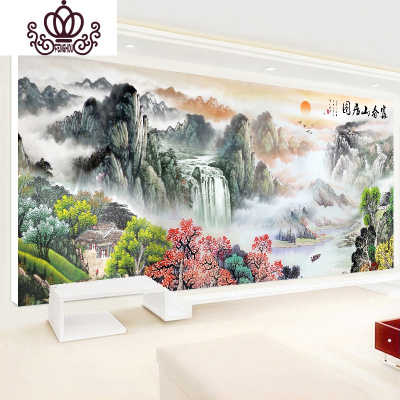 封后线绣十字绣2019新款富春山居图客厅大幅风景山水画流水生财全满绣大格丝线235×100CM印花四股绣