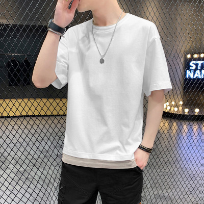 夏季新款男士T恤休闲宽松运动潮牌潮流纯棉拼色圆领短袖T恤男