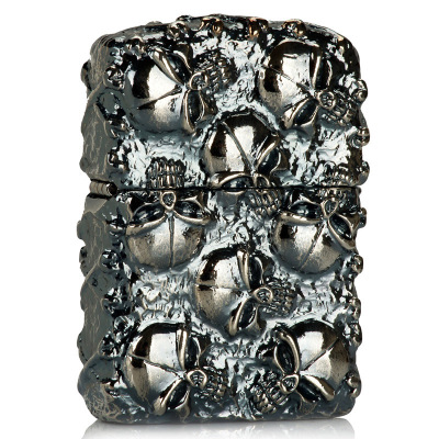 美国ZIPPO打火机芝宝万恶之城重盔甲骷髅头徽章五面环绕厚重死神来了银色万恶之城大号男士礼品骷髅头