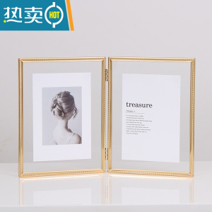 敬平欧式摆台相框折叠连体双面透明6寸7寸8寸10寸金属照片框玻璃摆件 金色竖款 A4[亚克力面]