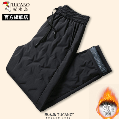 啄木鸟冬季男士新款松紧腰保暖羽绒裤中年防风保暖爸爸装休闲裤C