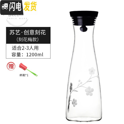 三维工匠Grand Cru欧式凉水壶玻璃可高温家用防爆冷水壶套装大容量凉水杯 苏艺.创意刻花1200[刻梅]