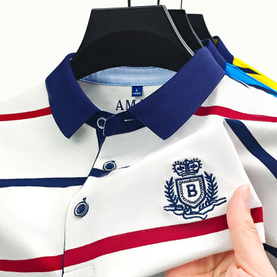 2025新款男装条纹T恤短袖夏季新款翻领棉T恤打底衫薄款商务polo衫