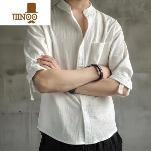 YANXU七分袖亚麻衬衫男短袖衬衣宽松中国风夏棉麻男士休闲外套长袖上衣