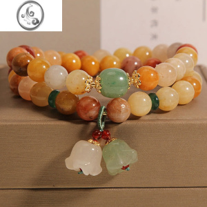 JiMi金丝玉多层手链女ins小众轻奢复古多圈民族风铃兰花吊坠手串 金丝玉+玉髓铃兰花吊坠双圈