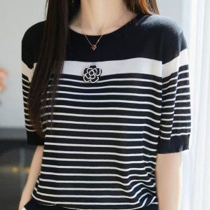 夏季女装新款曲珠冰麻丝短袖女针织衫条纹T恤女圆领背心