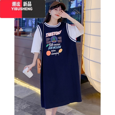 YIBUSHENG美式宽松大码假两件连衣裙女短袖休闲百搭2024季新款直筒T恤裙
