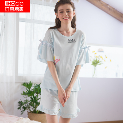 红豆居家春夏款女士短袖睡衣卡通印花甜美可爱家居服套装