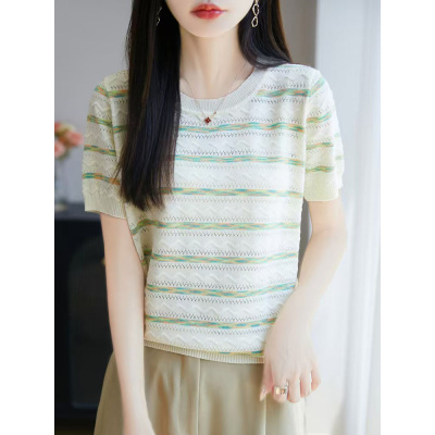 25夏季新款彩虹条纹冰爽丝薄款短袖上衣T恤女圆领修身短袖针织衫