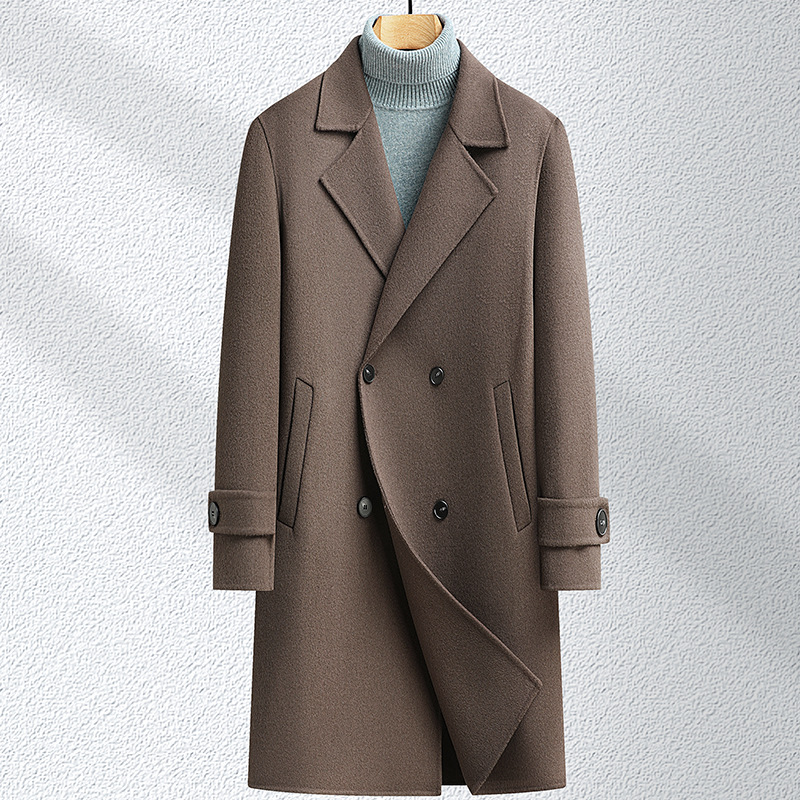 插肩袖羊毛大衣风衣秋冬新款男士长款双排扣双面呢羊毛大衣外套潮