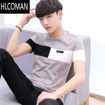 HLCOMANt恤男短袖条纹潮流上衣服2024夏季时尚拼色圆领青年修身体桖