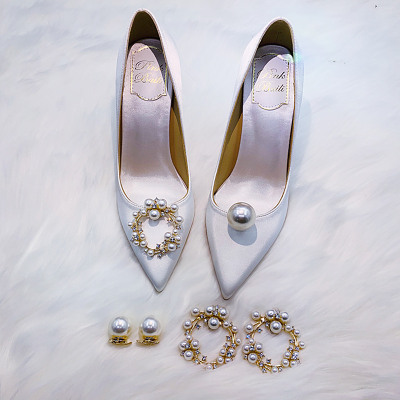 Ideamini2021新款香槟珍珠尖头红色5cm高跟单鞋女细跟白色主婚纱新娘婚鞋