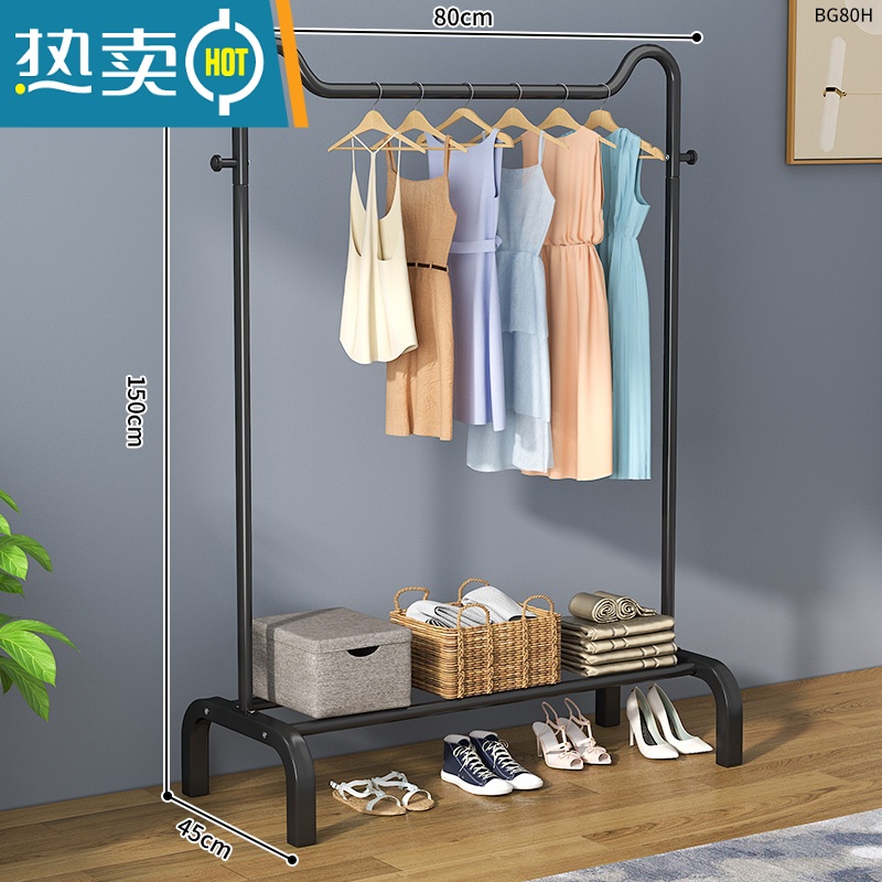 敬平衣架落地立式挂衣架卧室晾衣架家用简易单杆衣帽架衣架杆衣服挂架 80cm猫耳尊贵黑[双挂钩+置物架]