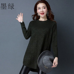 大码女装中长款圆领毛衣女秋冬加肥加大版宽松显瘦时尚针织打底衫