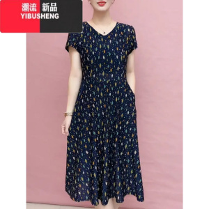 YIBUSHENG有口袋妈妈装短袖连衣裙季新款中老年女装洋气遮肚显瘦弹力裙子