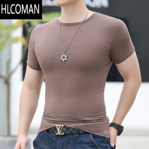 HLCOMAN莫代尔薄款圆领短袖T恤男夏季透气修身打底衫纯色休闲体恤大码潮