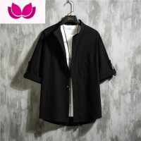 七斓七分短袖衬衫男士棉麻外套韩版潮流夏季薄款休闲7衬衣服男装帅气
