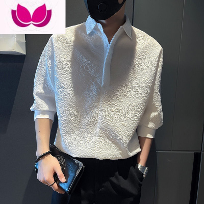 七斓冰丝男士短袖t恤夏季薄款潮牌polo衫设计感小众体恤五七分袖衬衫