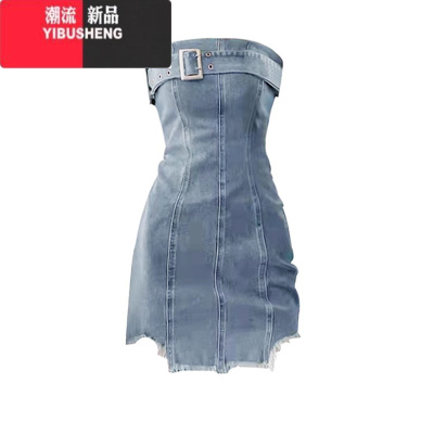 YIBUSHENG季美式复古纯欲辣妹牛仔抹胸连衣裙小众设计感时尚炸街a字短裙