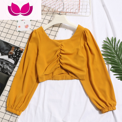 七斓很仙的方领漏锁骨上衣女高腰短款露脐胸前褶皱小衫长袖套头雪纺衫