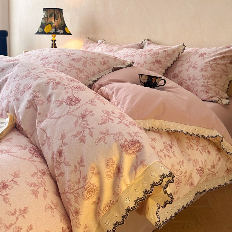 A类纯棉磨毛法式复古花边款四件套印花被套被罩床单3件套