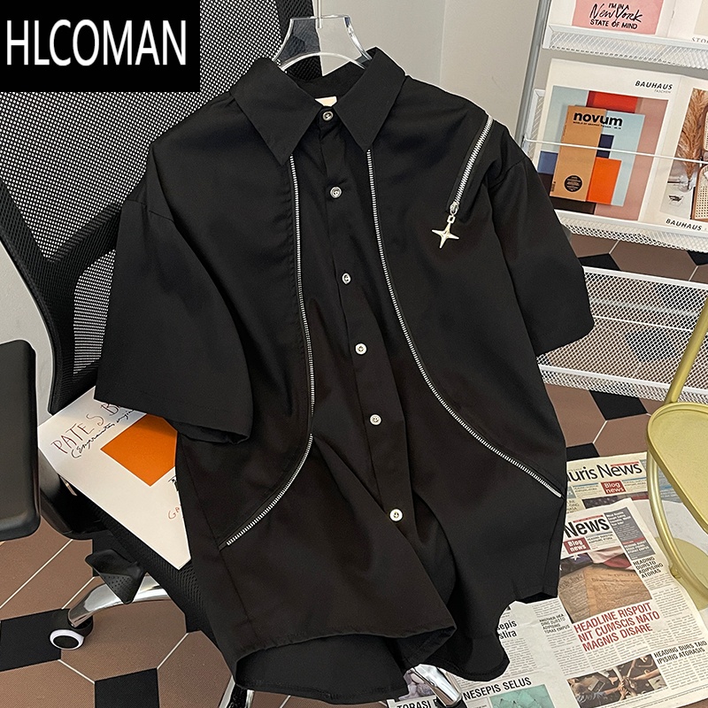 HLCOMAN夏季薄款短袖衬衫男痞帅休闲潮牌设计感小众港风美式复古宽松衬衣