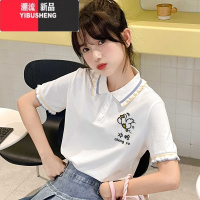 YIBUSHENG初中生少女polo衫短袖学生季女大童百搭翻领设计感正肩t恤上衣
