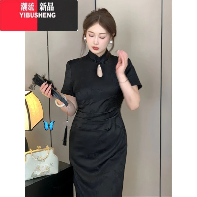 YIBUSHENG新中式国风复古提花气质连衣裙女大码微胖mm显瘦改良版旗袍裙子