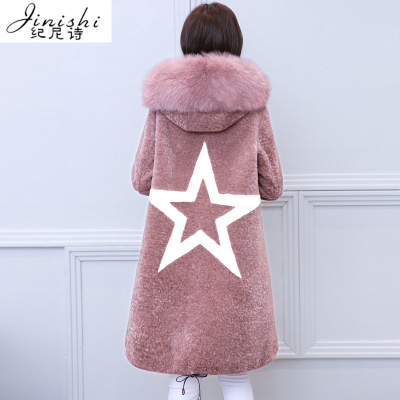纪尼诗(Jinishi) 2018女装羊剪绒大衣女 新款中长款连帽狐狸毛草外套女