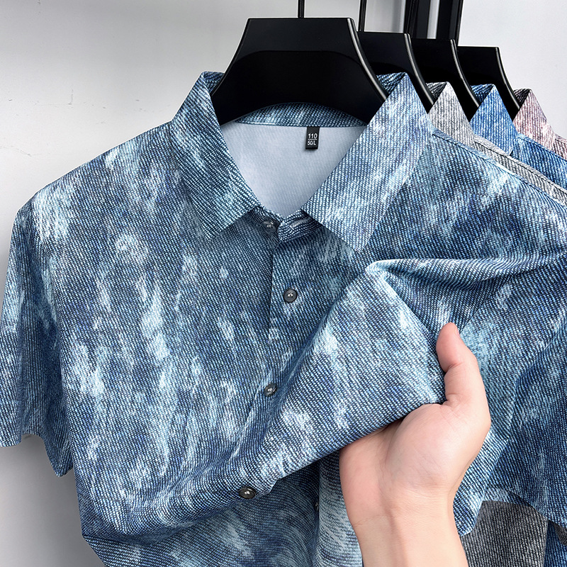 新款男士印花短袖衬衫商务休闲免烫翻领通勤百搭舒适透气轻薄