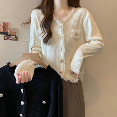 韩版秋冬新款法式小香风V领针织衫短款毛衣外搭开衫上衣女装外套