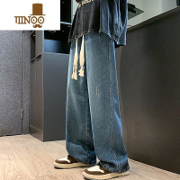 YANXU男士加绒加厚港风阔腿长裤高中生复古设计感宽松直筒牛仔裤