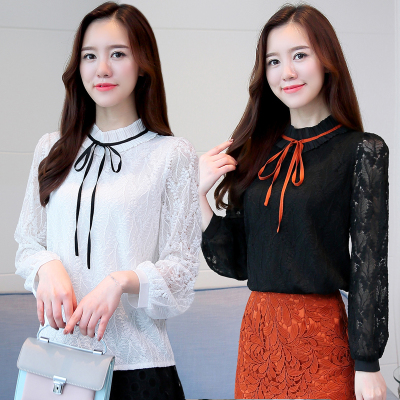 2018春季新款韩版长袖时尚T恤修身百搭显瘦上衣女镂空蕾丝打底衫