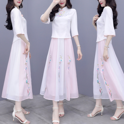 旗袍改良版连衣裙女2021新款夏中国风两件套装裙子汉服复古民国风鹊鑫枝