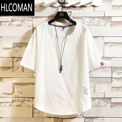 HLCOMAN棉麻短袖t恤男装夏季半袖宽松上衣服休闲潮流大码亚麻薄款体恤衫