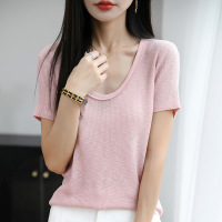 夏季新款正肩U领短袖针织衫女纯色宽松套头T恤基础款显瘦打底上衣