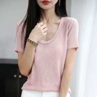 夏季新款正肩U领短袖针织衫女纯色宽松套头T恤基础款显瘦打底上衣