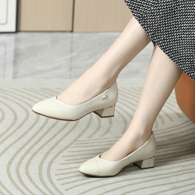 Brookings2023春季新款尖头纯色工作鞋花朵低跟鞋浅口时尚休闲方