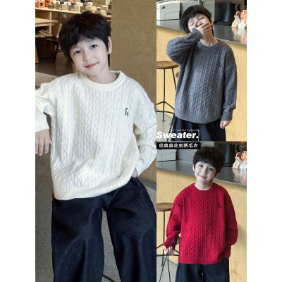 童酷男童冬款百搭小鹿刺绣中小童针织衫圆领加厚麻花儿童毛衣