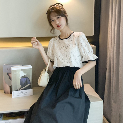 权小威女装休闲套装女两件套夏季薄款透气半身裙+2021新款蕾丝短袖上衣