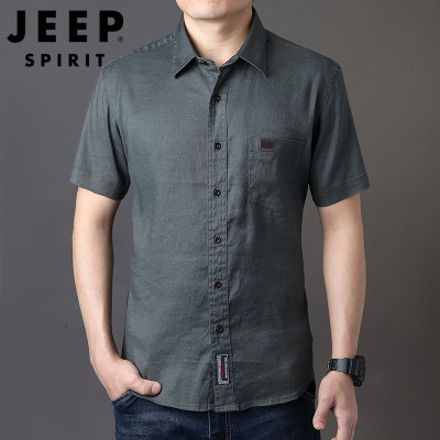 JEEP吉普亚麻短袖衬衫中青年男薄款短袖衬衣大码休闲男士半袖衫BJ2017